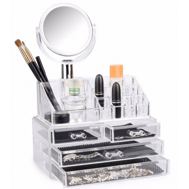 Настольный бокс ящик для хранения косметики Cosmetic Storage Box с выдвижными ящиками и зеркалом органайзер для косметики JN-870 прозрачный