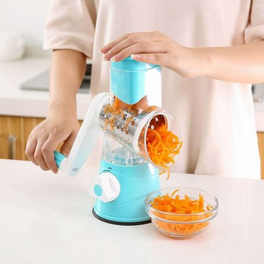 Овощерезка ручная мультислайсер Tabletop Drum Grater Kitchen Master Терка для овощей и фруктов 3 насадки голубая